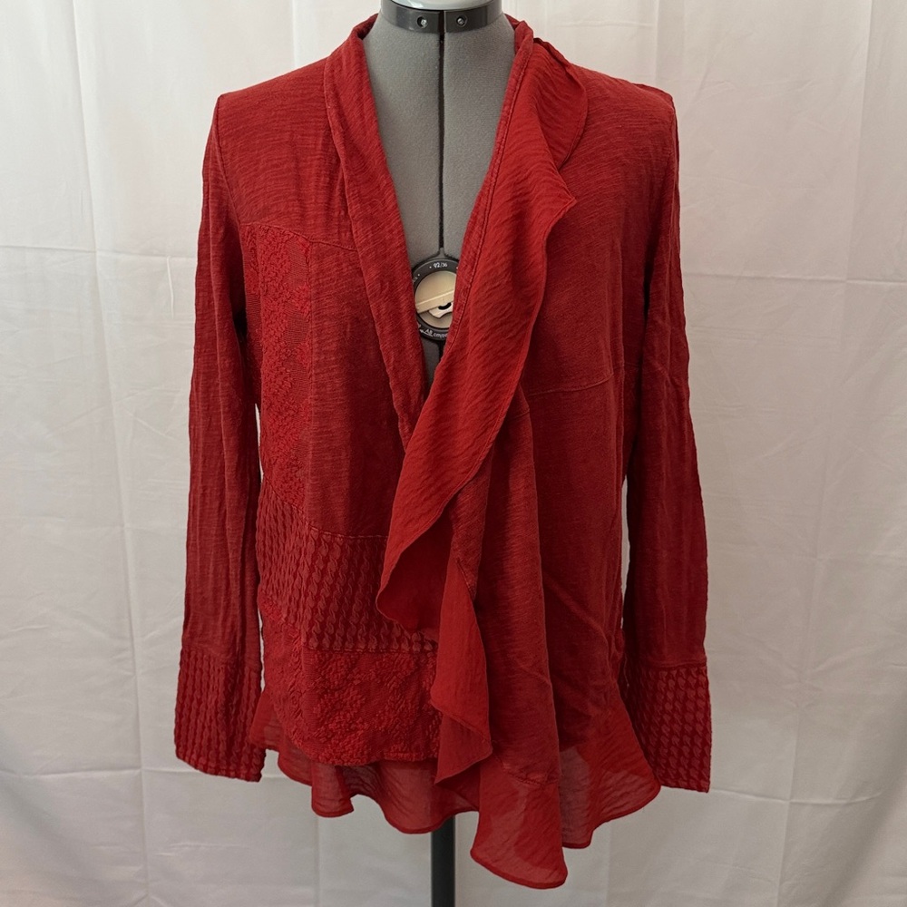 Meadow Rue Rust/Red Light Weight Open Front Patchwork Cardigan - Picture 1 of 10